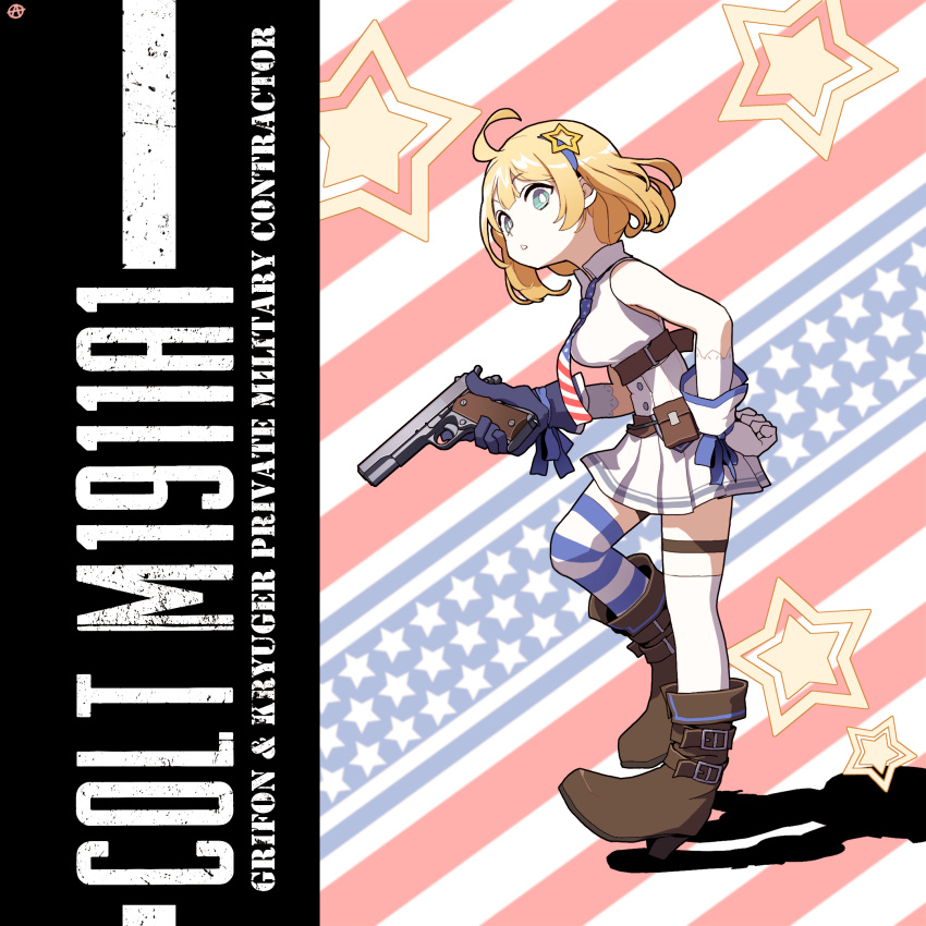1girl ahoge american_flag american_flag_print bare_shoulders blonde_hair boots breasts character_name circle_a commentary_request english_text eyebrows_visible_through_hair flag_print full_body girls_frontline gloves gun handgun high_heel_boots high_heels highres holding holding_gun holding_weapon looking_at_viewer m1911 m1911_(girls_frontline) necktie pistol short_hair skirt sleeveless solo star_(symbol) striped striped_background striped_legwear thigh-highs weapon