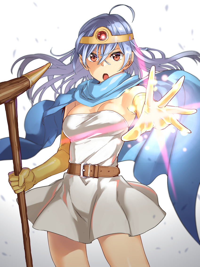 1girl abo_(hechouchou) absurdres ahoge aqua_hair belt breasts buckle cape circlet commentary dragon_quest dragon_quest_iii dress elbow_gloves gloves highres long_hair magic medium_breasts open_mouth reaching_out red_eyes sage_(dq3) scarf short_dress sleeveless sleeveless_dress solo staff yellow_gloves