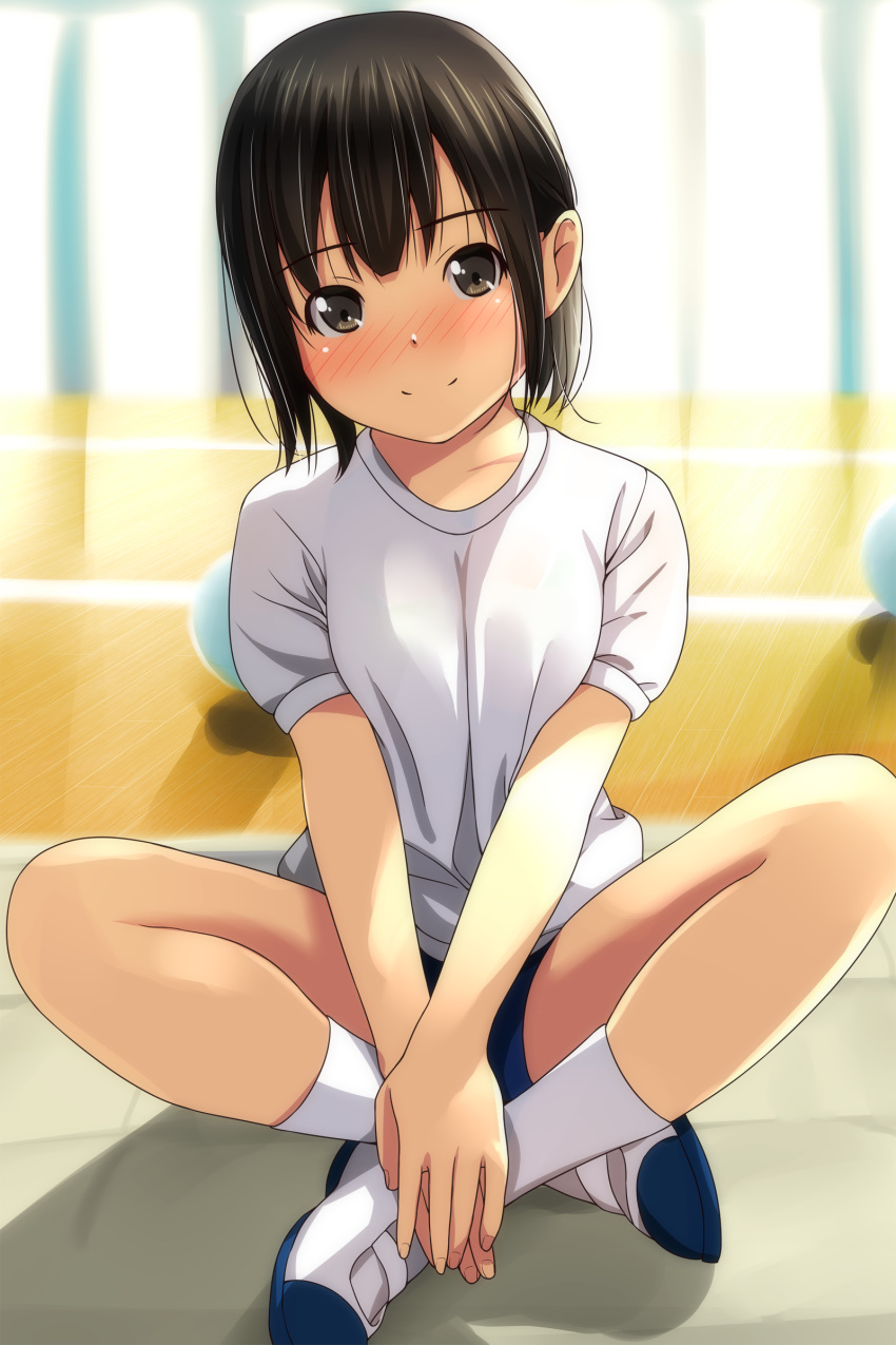 1girl absurdres ball bangs black_hair blue_buruma blurry blurry_background blush breasts brown_eyes buruma closed_mouth collarbone crossed_ankles day depth_of_field eyebrows_visible_through_hair gym_shirt gym_uniform hands_together highres indoors looking_at_viewer matsunaga_kouyou nose_blush original own_hands_together puffy_short_sleeves puffy_sleeves shirt shoes short_sleeves sitting small_breasts smile socks solo sunlight uwabaki white_footwear white_legwear white_shirt window