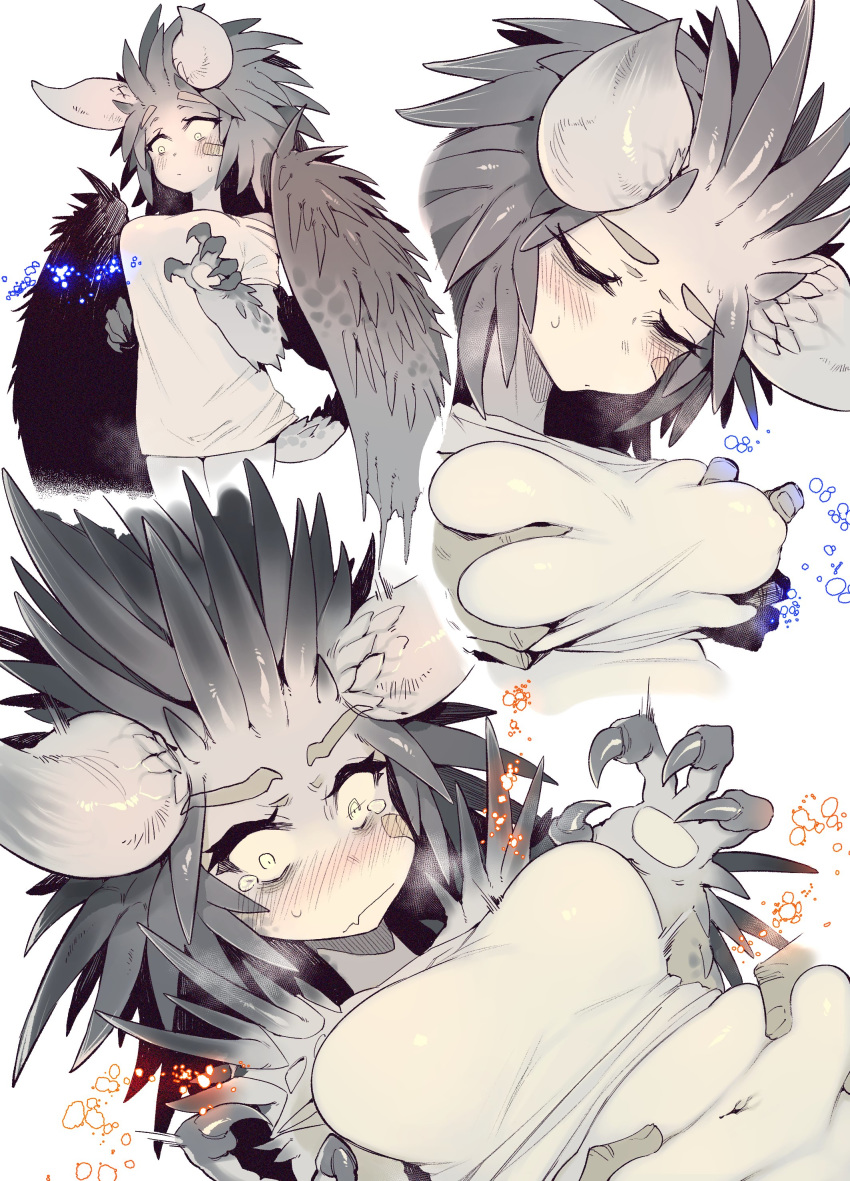 absurdres animal_ears bandaid bandaid_on_cheek bandaid_on_face belly_grab blush breast_grab claws constricted_pupils cowboy_shot dragon_ears dragon_girl dragon_horns dragon_tail dragon_wings embarrassed folded_wings grabbing grabbing_from_behind highres horns karasu_raven monster_girl monster_hunter monster_hunter:_world multiple_views navel nergigante personification scales spiked_tail spiked_wings tail talons tearing_up wings