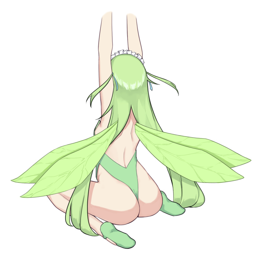 1girl arms_up ass backless_outfit bare_back black_souls fairy fairy_wings female_ass from_behind green_footwear green_hair green_leotard green_wings hands_out_of_frame highres leaf_(black_souls) leotard long_hair maid_headdress ribbonsnek sitting solo straight_hair thighs transparent_background very_long_hair wings