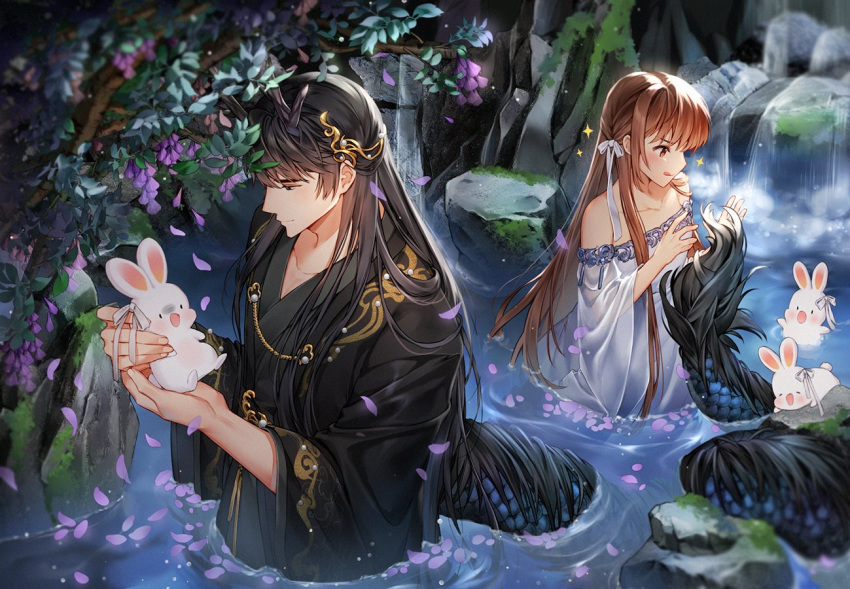 1boy 1girl black_hair brown_horns day dress gold_trim horns iji_(u_mayday) long_hair love_and_producer moss outdoors petals rabbit ribbon rock tail wading water waterfall white_dress white_ribbon wide_sleeves zen_(love_and_producer)