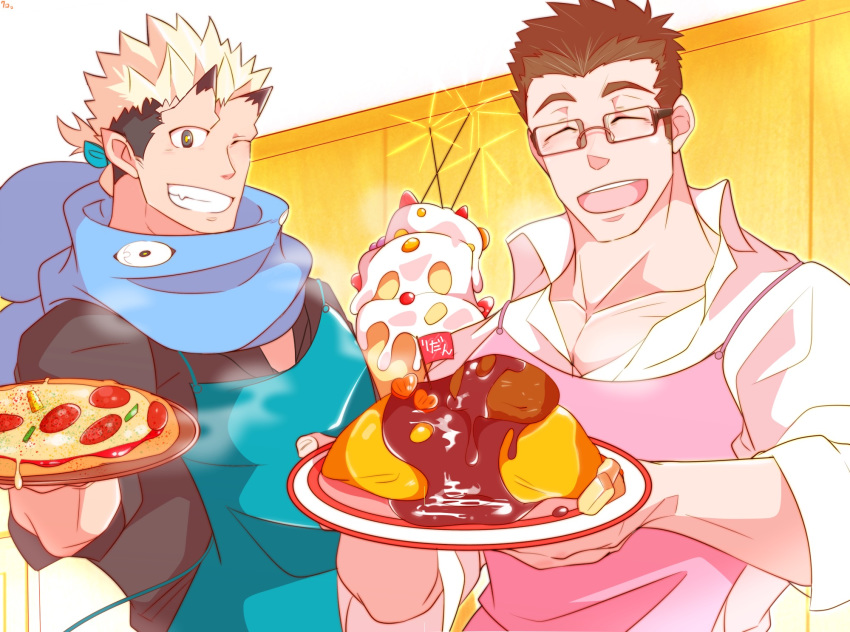 2boys ^_^ alternate_costume apron bara black_eyes black_hair blonde_hair closed_eyes food glasses highres horns jiraiya_(tokyo_houkago_summoners) kuro_(shiranui) male_focus multicolored_hair multiple_boys one_eye_closed pectorals pizza scarf serving shiro_(tokyo_houkago_summoners) shirt tokyo_houkago_summoners