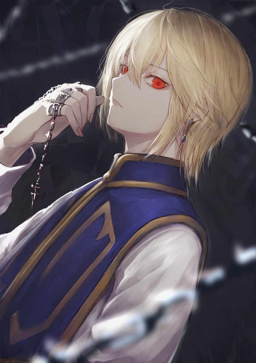 1boy bangs blonde_hair blurry chain closed_mouth depth_of_field dutch_angle earrings expressionless fingernails from_side hair_between_eyes hand_up highres hunter_x_hunter jewelry kurapika long_fingernails long_sleeves looking_at_viewer looking_to_the_side male_focus marumoru red_eyes solo tabard
