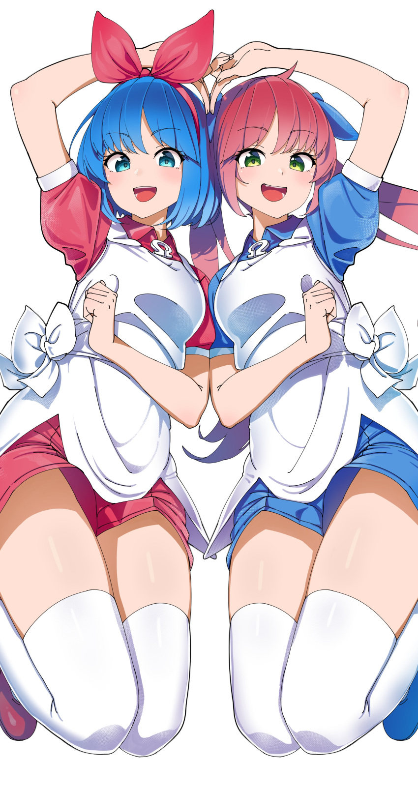 2girls absurdres arm_up bangs blue_eyes blue_hair blue_ribbon blue_shirt blue_shorts bow eyebrows_visible_through_hair green_eyes hair_bow hair_ribbon hairband heart_arms heart_arms_duo highres long_hair multiple_girls omega_rei omega_rio omega_sisters omega_symbol open_mouth pink_hair puffy_short_sleeves puffy_sleeves red_hairband red_ribbon red_shirt red_shorts ribbon shinomu_(cinomoon) shirt short_hair short_shorts short_sleeves shorts simple_background smile twintails virtual_youtuber white_background