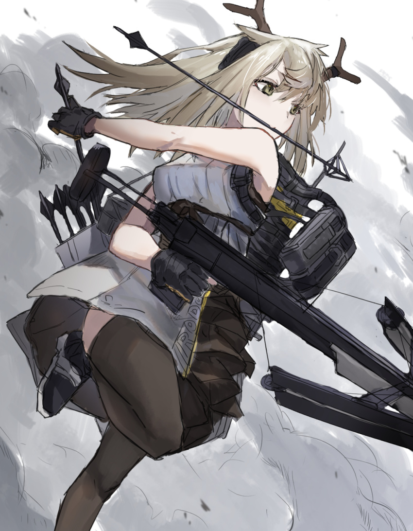 1girl alternate_costume alternate_hairstyle antlers arknights arrow_(projectile) bangs bare_arms bare_shoulders black_footwear black_gloves black_legwear bow_(weapon) commentary_request crossbow dress firewatch_(arknights) gloves grey_dress grey_eyes grey_hair hair_down highres holding holding_bow_(weapon) holding_weapon long_hair mouth_hold quiver raw_egg_lent shoes short_dress solo thigh-highs weapon