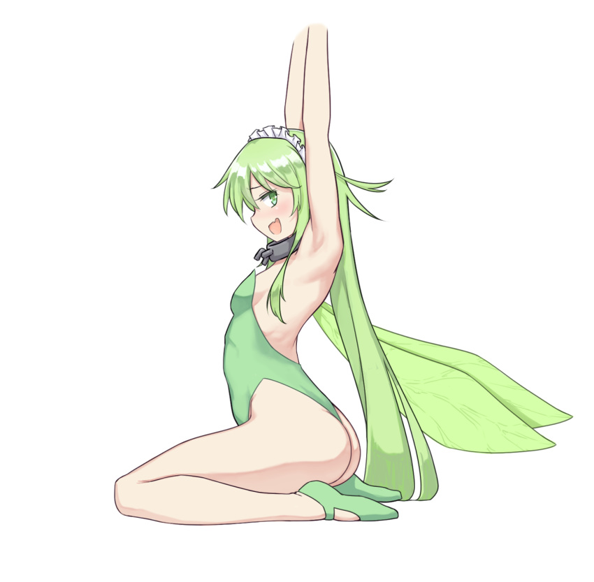 1girl :d armpits arms_up ass black_souls breasts chain fairy fairy_wings fang from_side furrowed_eyebrows green_eyes green_footwear green_hair green_leotard green_wings highres leaf_(black_souls) leotard long_hair maid_headdress open_mouth ribbonsnek ribs sideboob sideways_mouth small_breasts smile solo straight_hair strapless strapless_leotard transparent_background very_long_hair wings