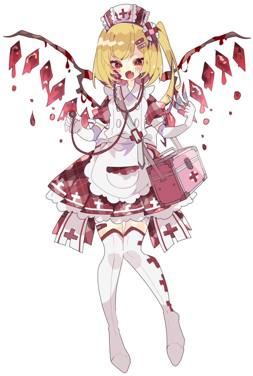 1girl adapted_costume apron argyle_dress back_bow bag bandaid bandaid_hair_ornament bandaid_on_face bandaid_on_leg between_fingers blonde_hair blood blush boots bow commentary_request crystal dress dripping elbow_gloves fang flandre_scarlet full_body gloves hat highres holding long_hair looking_at_viewer nikorashi-ka nurse_cap open_mouth pink_dress pink_headwear red_cross red_eyes scalpel short_sleeves shoulder_bag side_ponytail simple_background skin_fang solo stethoscope thigh-highs thigh_boots touhou white_background white_bow white_footwear white_gloves wings