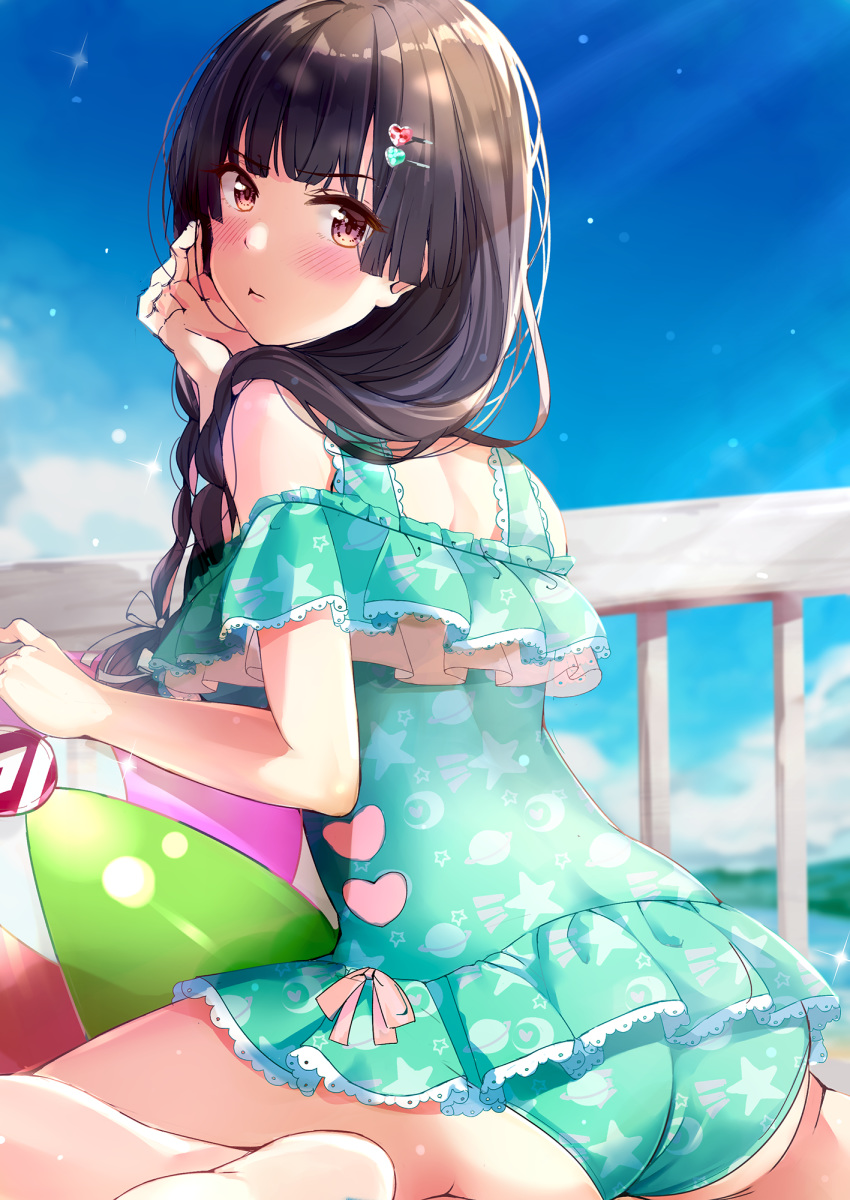 1girl aqua_swimsuit ass ball bangs bare_shoulders barefoot beachball black_hair blue_sky blunt_bangs blush breasts casual_one-piece_swimsuit closed_mouth crescent day eyebrows_visible_through_hair frilled_swimsuit frills hair_ornament hairclip heart heart_hair_ornament highres idolmaster idolmaster_shiny_colors light_rays long_hair looking_at_viewer looking_back mayuzumi_fuyuko medium_breasts nira_(vira) one-piece_swimsuit outdoors pink_ribbon print_swimsuit railing red_eyes ribbon sitting sky solo star_(sky) sunbeam sunlight swimsuit wariza
