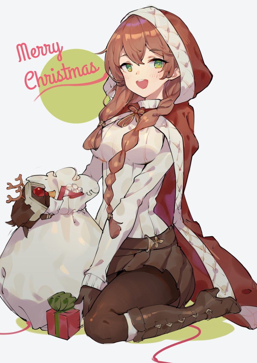 1girl 523_(user_efcm2455) absurdres bag boots braid breasts brown_hair christmas dinergate_(girls_frontline) girls_frontline gloves green_eyes highres hood large_breasts long_hair long_sleeves looking_at_viewer m1903_springfield_(girls_frontline) open_mouth ribbed_sweater skirt solo sweater thigh-highs very_long_hair