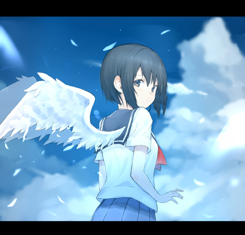 1girl absurdres angel angel_wings black_hair blue_eyes blue_sky blurry blurry_background blush closed_mouth clouds cloudy_sky feathered_wings feathers highres light_blush light_rays looking_at_viewer looking_back original outdoors red_neckwear ryou_(ponpgo) school_uniform serafuku short_hair skirt sky solo uniform white_wings wings