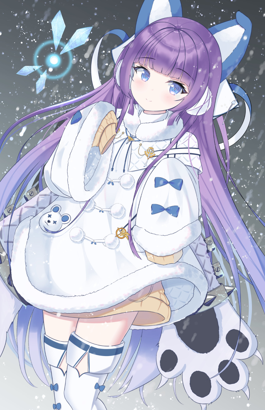 1girl aran_sweater azur_lane coat eyebrows_visible_through_hair fur_collar fur_trim hair_ribbon highres kawaiipony2 long_hair long_sleeves purple_hair ribbon solo sweater tashkent_(azur_lane) thigh-highs