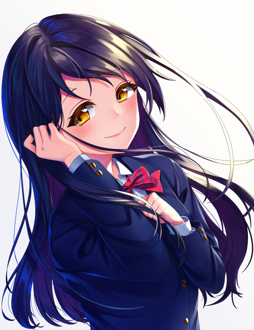 1girl absurdres bangs blue_hair blue_jacket blush eyebrows_visible_through_hair hair_between_eyes hand_in_hair hand_on_own_chest highres inu8neko jacket long_hair long_sleeves looking_at_viewer love_live! love_live!_school_idol_project otonokizaka_school_uniform red_neckwear school_uniform simple_background smile solo sonoda_umi striped striped_neckwear white_background yellow_eyes