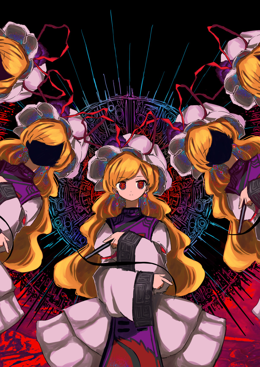 5girls absurdres alternate_eye_color arm_strap blonde_hair closed_fan closed_mouth crossed_arms dress earrings expressionless extra_eyes eyebrows_visible_through_hair faceless fan flame_print flower folding_fan gap_(touhou) gradient gradient_background hat hat_flower hat_ribbon highres holding holding_fan jewelry long_hair long_sleeves looking_at_viewer mob_cap multicolored_hair multiple_girls multiple_persona neruzou orange_eyes patterned_background print_headwear purple_background purple_flower rainbow_hair red_background red_eyes red_ribbon ribbon shiny shiny_hair symbol tabard touhou very_long_hair white_dress white_headwear wide_sleeves yakumo_yukari