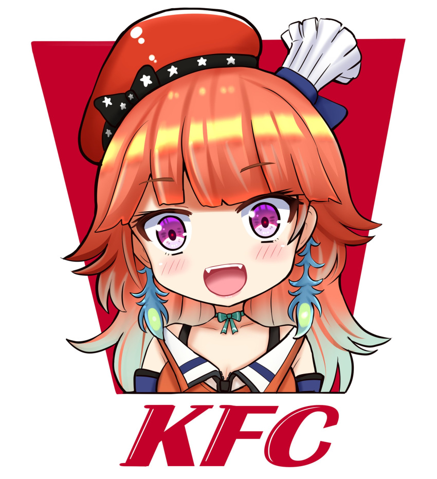 1girl :d bangs blush earrings eyebrows_visible_through_hair gradient_hair green_hair hat highres hololive hololive_english jewelry kazenokaze kfc long_hair multicolored_hair open_mouth orange_hair parody red_headwear smile solo takanashi_kiara violet_eyes