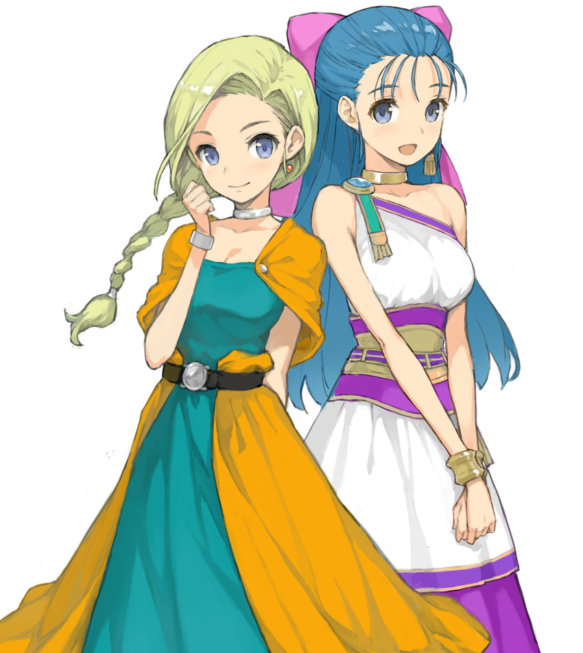 2girls arm_behind_back belt bianca_(dq5) black_belt blonde_hair blue_eyes blue_hair bow bracelet braid choker closed_mouth dragon_quest dragon_quest_v dress earrings flora_(dq5) hair_bow hair_over_shoulder hair_pulled_back hair_tie hands_together highres jewelry long_dress long_hair medium_dress morisawa_haruyuki multiple_girls open_mouth purple_bow simple_background single_braid single_strap smile two-tone_dress v_arms white_background white_choker white_dress yellow_choker