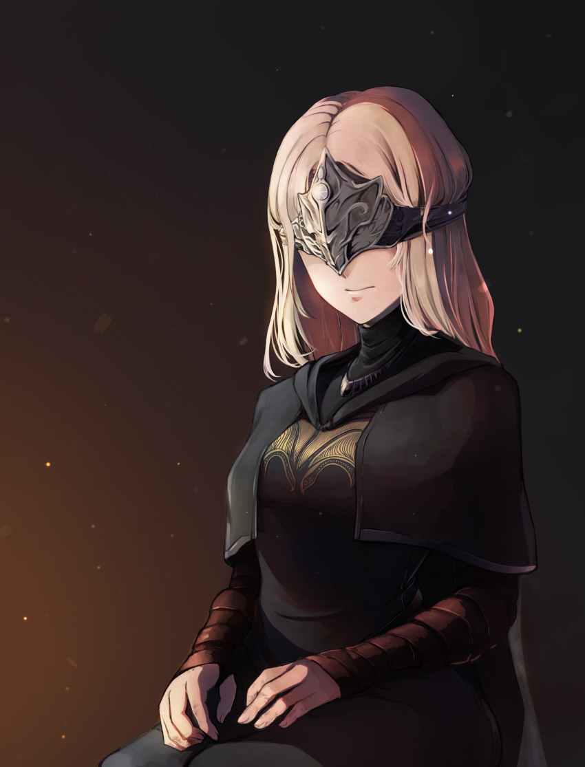 1girl absurdres arm_wrap black_background black_shirt blonde_hair cloak closed_mouth covered_eyes dark_souls dark_souls_iii embers eye_mask fire_keeper gradient gradient_background highres long_hair mask shirt sitting souls_(from_software) turtleneck yuuge_ningen