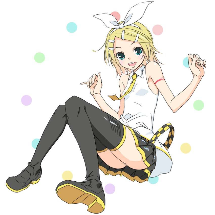 bangs bare_shoulders black_legwear black_skirt blonde_hair boots bow commentary full_body hair_bow hair_ornament hairclip hands_up kagamine_rin knees_together_feet_apart knees_up looking_at_viewer miniskirt necktie open_mouth pleated_skirt shirt short_hair shoulder_tattoo sitting skirt sleeveless sleeveless_shirt smile soukun_s swept_bangs tattoo thigh-highs thigh_boots vocaloid vocaloid_(lat-type_ver) white_background white_bow white_shirt yellow_neckwear