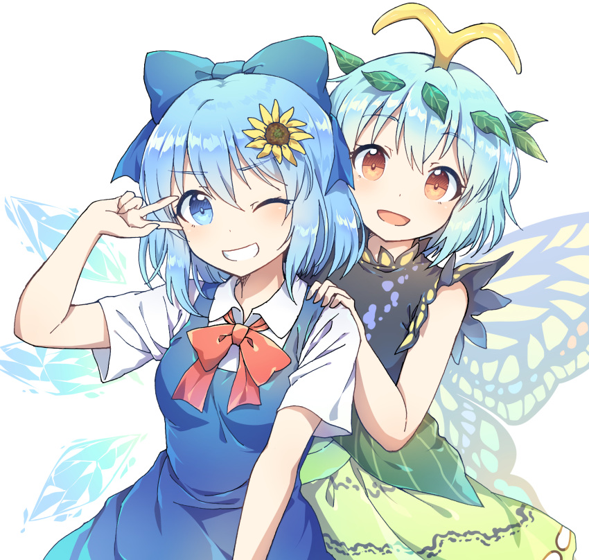 2girls antennae aqua_hair arm_up bangs blouse blue_dress blue_eyes blue_hair bow brown_eyes caramell0501 cirno dress eternity_larva eyebrows_visible_through_hair fairy_wings flower green_dress hair_bow hair_ornament hand_on_shoulder highres ice ice_wings leaf leaf_hair_ornament leaf_on_head looking_at_viewer multicolored multicolored_clothes multicolored_dress multiple_girls no_wings one_eye_closed open_mouth outstretched_arms red_bow red_ribbon ribbon salute shirt short_hair sleeveless sunflower touhou two-finger_salute white_background white_blouse white_shirt wing_collar wings