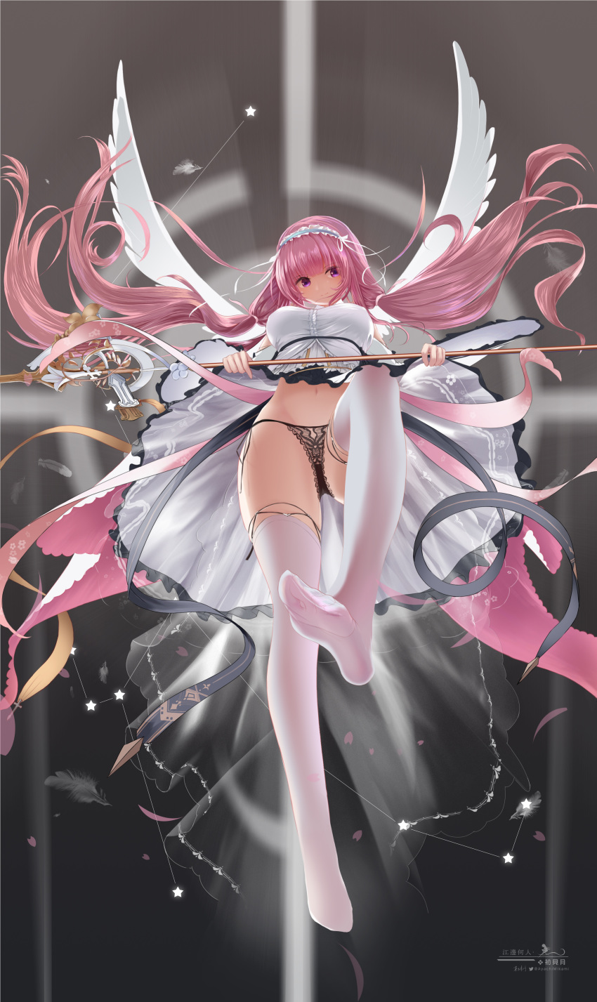1girl absurdres artist_request azur_lane black_panties breasts dress full_body highres holding holding_staff large_breasts long_hair no_shoes panties perseus_(azur_lane) pink_hair soles solo staff thigh-highs toes twintails underwear very_long_hair white_dress white_legwear white_wings wings