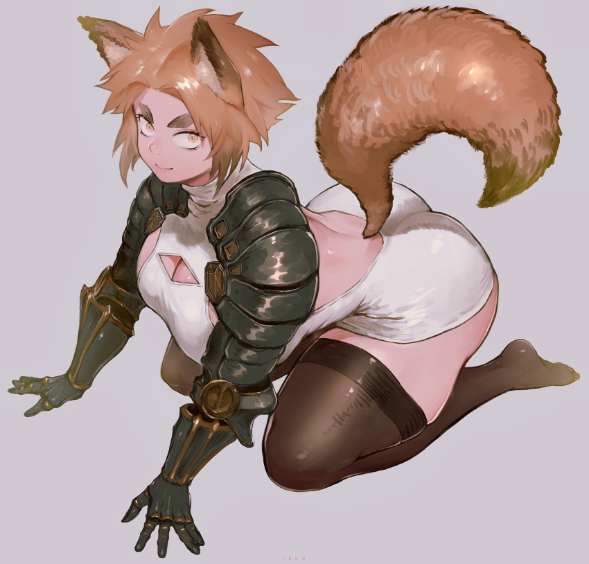 1girl absurdres animal_ears arm_support ass backless_dress backless_outfit breasts brown_legwear cleavage_cutout closed_mouth clothing_cutout dog_ears dog_girl dog_tail dress from_above from_side full_body gauntlets highres ibuo_(ibukht1015) kneeling large_breasts looking_at_viewer no_shoes original short_dress simple_background skin_tight skindentation smile solo tail thick_eyebrows thick_thighs thigh-highs thighs turtleneck turtleneck_dress white_dress yellow_eyes