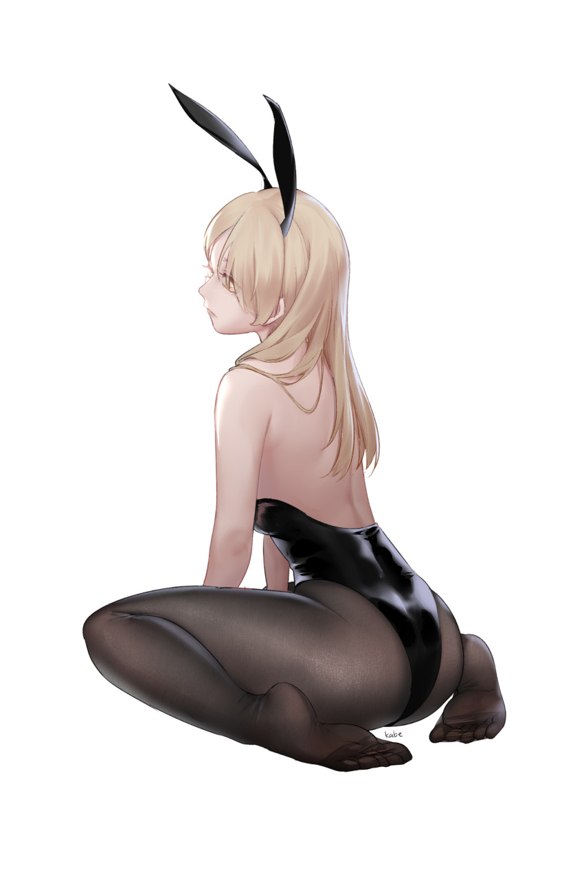 1girl abi_(kabe) absurdres animal_ears back bare_shoulders between_legs black_legwear black_leotard blonde_hair breasts bunny_girl bunnysuit fake_animal_ears from_behind full_body hair_flowing_over hand_between_legs highres leotard long_hair looking_away no_shoes original pantyhose rabbit_ears see-through simple_background sitting soles solo strapless strapless_leotard wariza white_background yellow_eyes