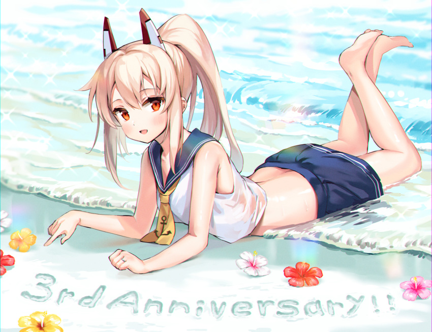 1girl anniversary armpit_crease ayanami_(azur_lane) azur_lane bare_arms bare_shoulders barefoot beach blonde_hair blue_skirt crop_top flower full_body hibiscus highres kiyosato_0928 legs_up long_hair looking_at_viewer lying midriff miniskirt neckerchief on_stomach open_mouth ponytail red_eyes red_flower sailor_collar shirt sidelocks skirt sleeveless sleeveless_shirt smile solo the_pose water waves white_flower white_shirt yellow_flower