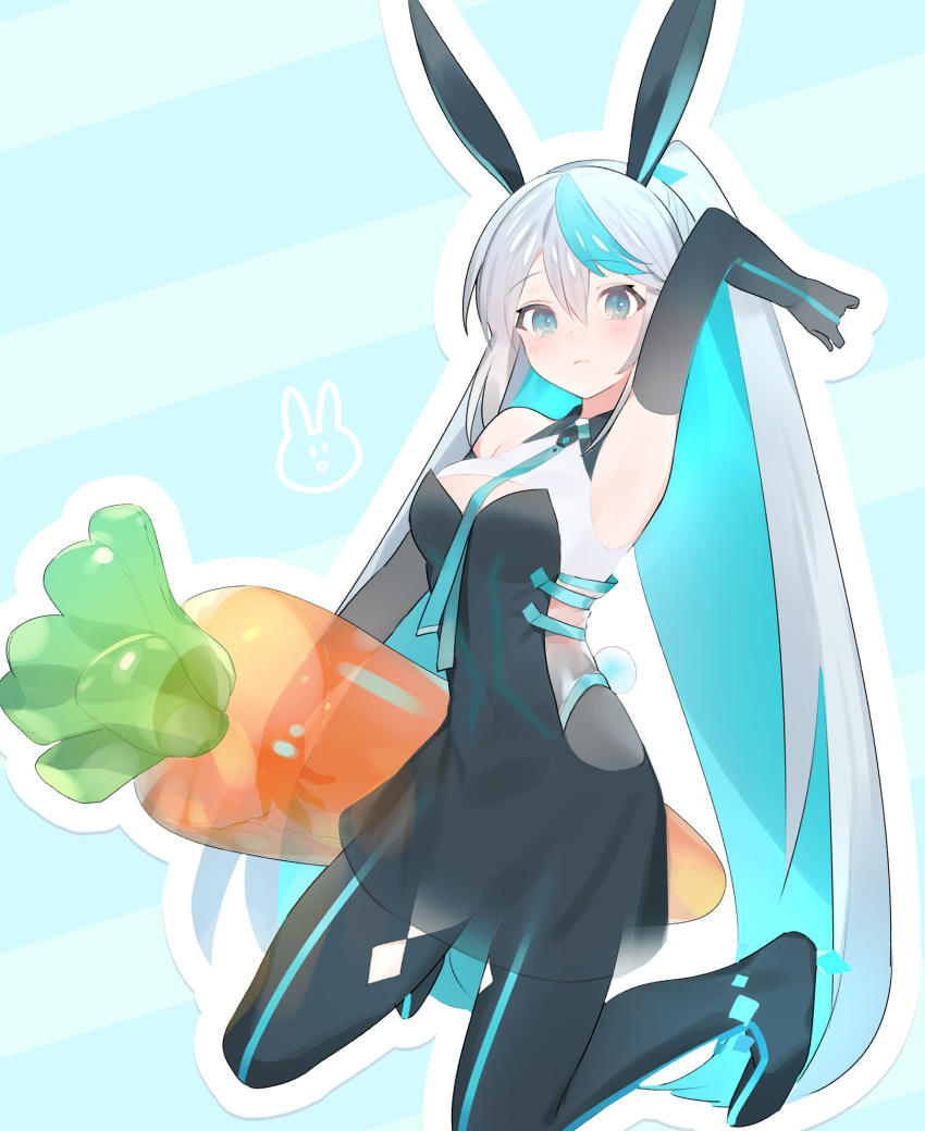 1girl animal_ears arm_up armpits between_breasts black_dress black_gloves black_legwear blue_background blue_eyes blue_hair breasts closed_mouth collared_dress dress elbow_gloves eureka_iris fake_animal_ears gloves highres holding inflatable_carrot inflatable_toy kneeling liver_city long_hair looking_at_viewer medium_breasts multicolored_hair necktie ponytail rabbit_ears see-through silver_hair sleeveless sleeveless_dress solo transparent two-tone_hair tym_taro very_long_hair wing_collar