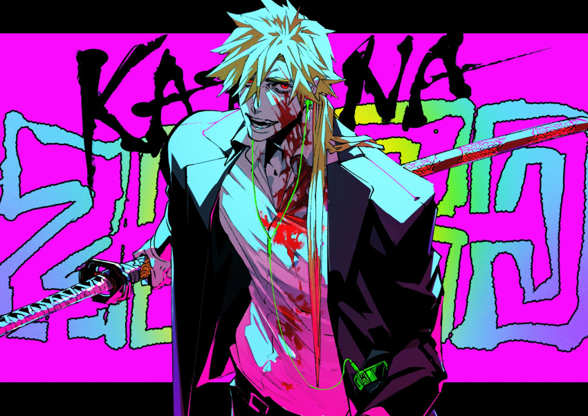 1boy bangs black_jacket blonde_hair blood blood_on_face bloody_clothes cassette_player collared_shirt copyright_name dress_shirt earphones earphones fifteen_(katana_zero) formal hair_between_eyes highres holding holding_sheath jacket katana katana_zero letterboxed long_hair long_sleeves looking_at_viewer male_focus ogata_tomio open_mouth pink_background ponytail red_eyes scabbard sheath shirt smile solo suit sword upper_body weapon white_shirt