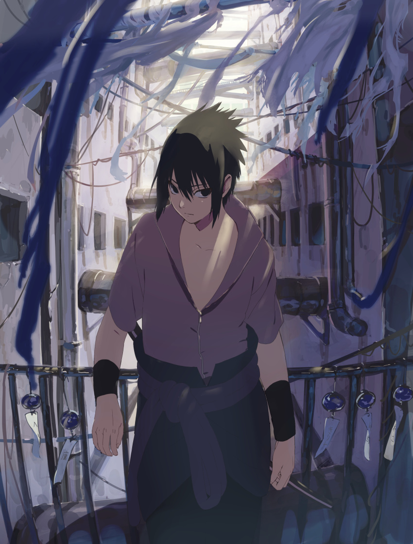 1boy absurdres bare_chest belt black_eyes black_hair building closed_mouth collarbone crack cracked_wall fingernails hair_between_eyes highres kuukai_(adexi) leaning light_rays male_focus naruto naruto_(series) outdoors pipe railing scabbard sheath sheathed solo spiky_hair sword torn uchiha_sasuke weapon wind wind_chime zipper zipper_pull_tab