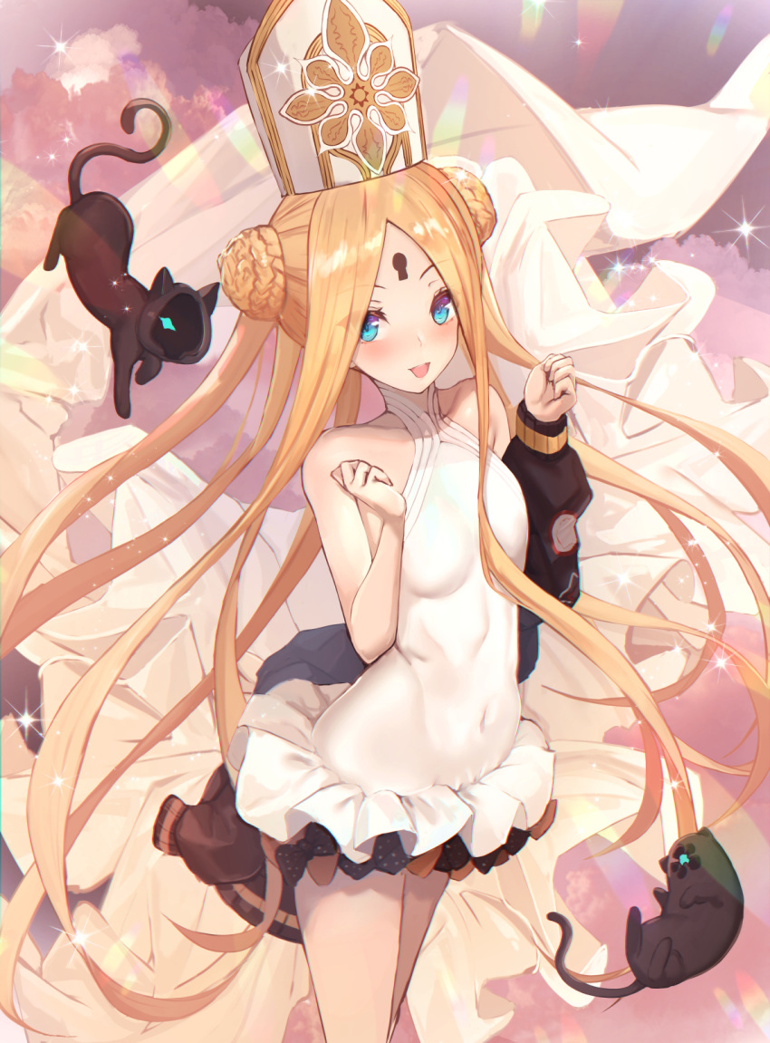 1girl abigail_williams_(fate/grand_order) abigail_williams_(swimsuit_foreigner)_(fate) bangs bare_shoulders black_bow black_cat black_jacket blonde_hair blue_eyes blush bow braid braided_bun breasts cat double_bun dress_swimsuit fate/grand_order fate_(series) forehead highres jacket keyhole long_hair looking_at_viewer mitre multiple_bows off_shoulder open_clothes open_jacket open_mouth orange_bow parted_bangs sidelocks small_breasts smile swimsuit twintails untue very_long_hair white_headwear white_swimsuit