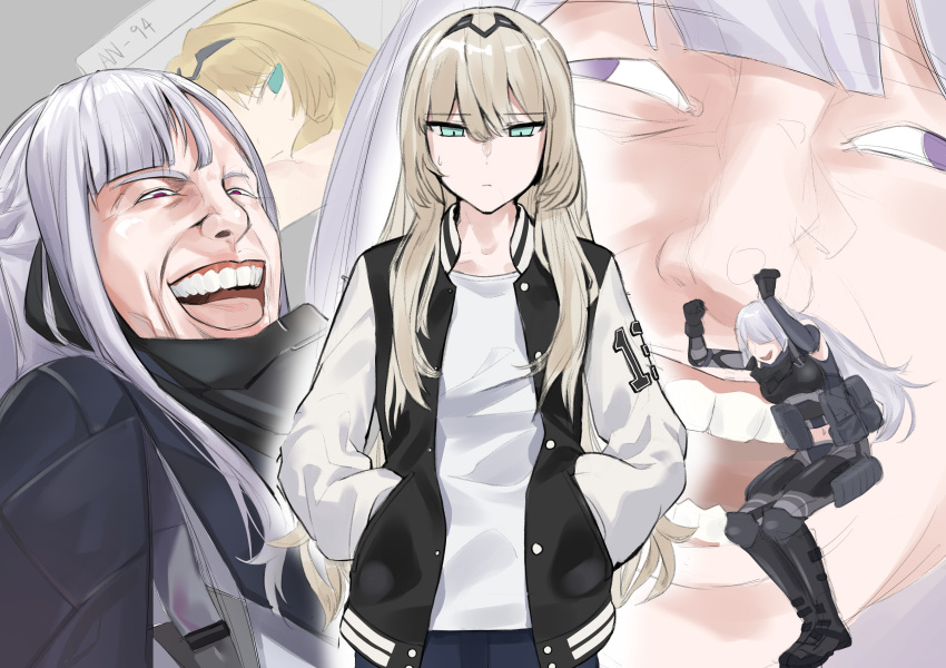 4girls absurdres ak-12_(girls_frontline) ak-15_(girls_frontline) an-94_(girls_frontline) aqua_eyes black_jacket blonde_hair closed_mouth commentary_request defy_(girls_frontline) denim eyebrows_visible_through_hair girls_frontline hairband hand_in_pocket highres jacket jeans long_hair looking_down military military_uniform multiple_girls open_clothes open_jacket open_mouth pants rivet_vvrn rpk-16_(girls_frontline) shirt silver_hair tagme uniform white_shirt