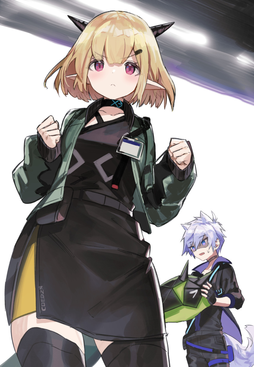 1boy 1girl animal_ears arknights black_legwear black_skirt blonde_hair blue_eyes dragon_girl dragon_horns dragon_tail fox_boy fox_ears fox_tail green_jacket hayama_eishi highres horns id_card jacket long_sleeves open_clothes open_jacket originium_slug_(arknights) red_eyes short_hair skirt steward_(arknights) tail thigh-highs vanilla_(arknights) white_hair