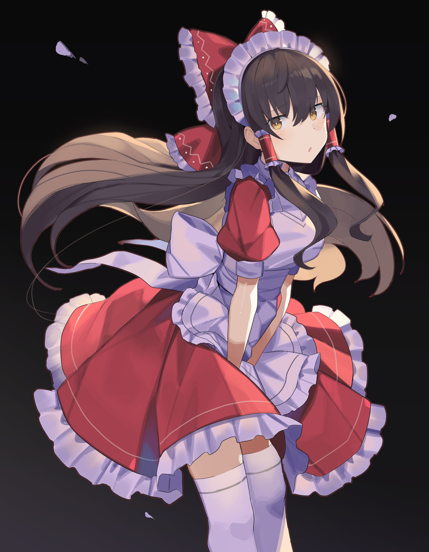 1girl alternate_costume apron black_background black_hair bow cowboy_shot enmaided eyebrows_visible_through_hair frilled_apron frilled_bow frilled_skirt frills hair_bow hair_tubes hakurei_reimu highres long_hair looking_at_viewer maid maid_apron maid_headdress parted_lips puffy_short_sleeves puffy_sleeves red_bow red_skirt rin_falcon short_sleeves skirt solo thigh-highs touhou v_arms white_legwear yellow_eyes