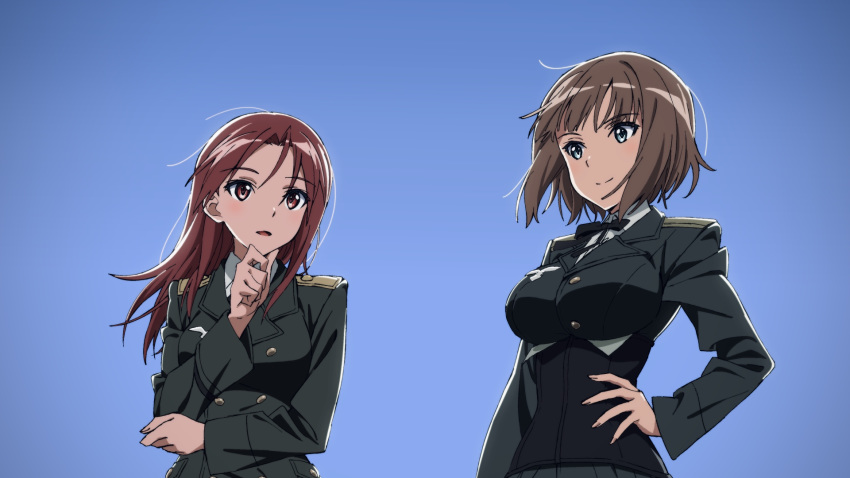 2girls blue_eyes brave_witches breasts brown_hair eyebrows_visible_through_hair gundula_rall hand_on_hip hand_on_own_chin highres kogarashi51 large_breasts long_hair looking_at_another military military_uniform minna-dietlinde_wilcke multiple_girls necktie red_eyes redhead short_hair simple_background smile strike_witches uniform world_witches_series
