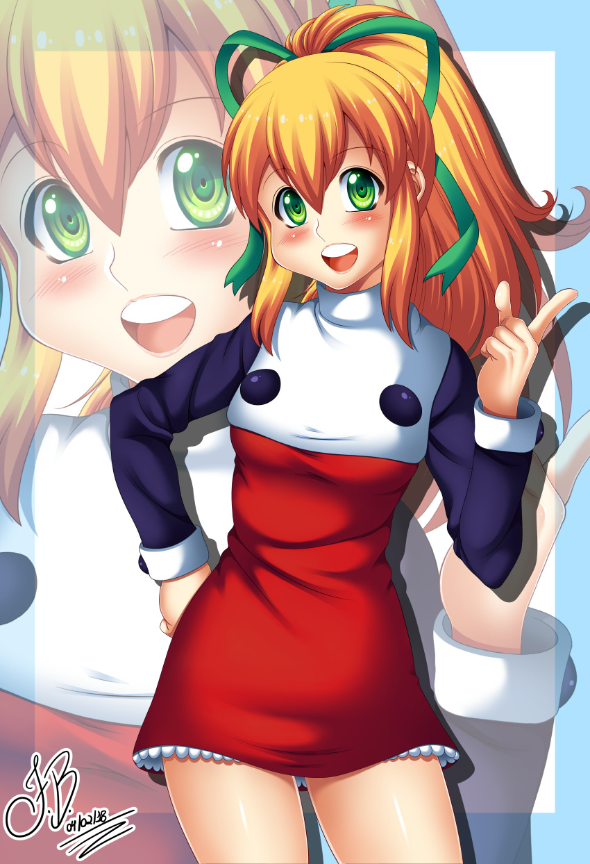 1girl :d absurdres android bangs blonde_hair blue_border border buttons capcom collared_dress dress eyebrows eyebrows_visible_through_hair felipe_artworks frilled_skirt frills green_eyes green_ribbon hair_between_eyes hair_ribbon hand_on_hip hand_up highres index_finger_raised long_sleeves miniskirt open_mouth outside_border ponytail red_dress ribbon rockman rockman_8 roll_(rockman) shiny shiny_skin sidelocks signature simple_background skirt smile solo tareme teeth thighs white_background zoom_layer