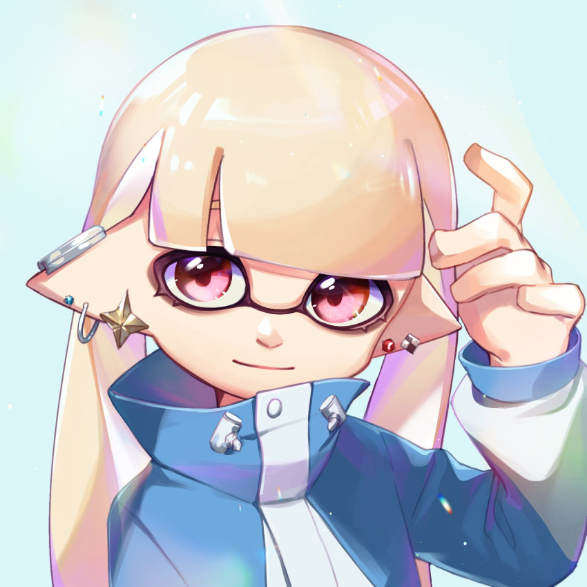 1girl bangs blue_jacket blunt_bangs closed_mouth commentary_request domino_mask ear_clip ear_piercing earrings hand_in_hair highres inkling jacket jewelry long_hair long_sleeves looking_at_viewer mask piercing pink_eyes pink_hair pointy_ears smile solo splatoon_(series) star_(symbol) star_earrings tentacle_hair yamagishi_chihiro