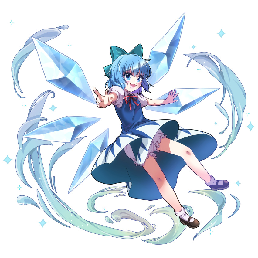 1girl absurdres bangs black_footwear bloomers blue_bow blue_dress blue_eyes blue_hair bobby_socks bow cirno collarbone dress fairy fang hair_bow highres ice ice_wings kanikanidosanko looking_at_viewer open_mouth pointing pointing_at_viewer puffy_short_sleeves puffy_sleeves red_neckwear short_hair short_sleeves simple_background smile socks solo star_(symbol) touhou underwear white_background white_legwear white_sleeves wings