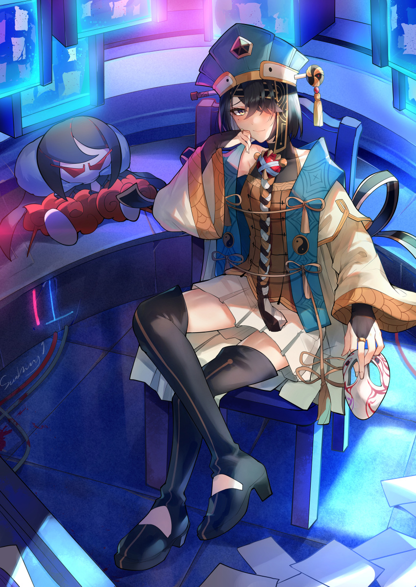 1girl absurdres bare_shoulders black_footwear black_hair blue_headwear blush boots breasts bridal_gauntlets brown_eyes chair chinese_clothes consort_yu_(fate) desk doll fate/grand_order fate_(series) hair_ornament hair_over_one_eye hairpin hat highres kaer_sasi_dianxia long_sleeves looking_at_viewer mole mole_under_eye monitor orb short_hair sitting skirt small_breasts smile thigh-highs thigh_boots toeless_boots white_robe white_skirt wide_sleeves xu_fu_(fate)