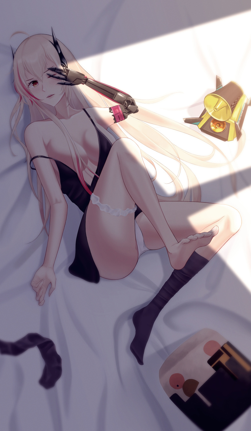 1girl absurdres ahoge bare_legs bare_shoulders black_legwear black_nightgown blush breasts collarbone dinergate_(girls_frontline) eyebrows_visible_through_hair girls_frontline hair_ornament highres leg_up lips long_hair looking_at_viewer lying m4_sopmod_ii_(girls_frontline) mechanical_arm no_bra on_back one_eye_closed open_mouth panties pink_hair red_eyes single_sock small_breasts socks soles solo swallow_zzy underwear white_panties