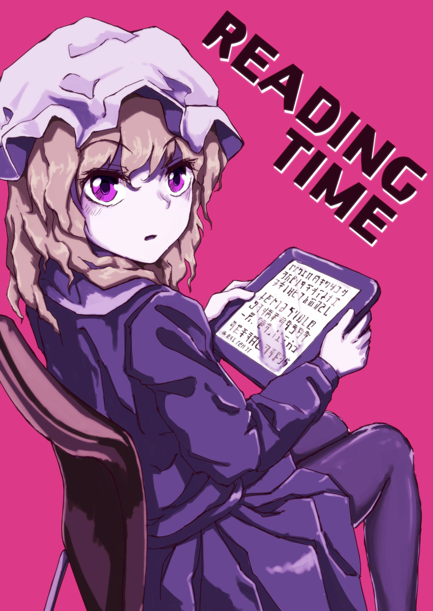 1girl blonde_hair dress hat highres looking_at_viewer maribel_hearn mob_cap purple_dress sitting solo tablet_pc text_messaging touhou violet_eyes wasabisuke