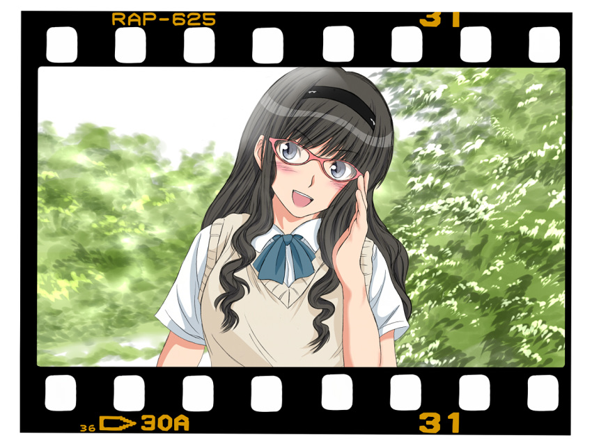 1girl amagami bespectacled black_hair blush commentary_request dress facing_viewer glasses grey_eyes keisuke_(0320030103200301) kibito_high_school_uniform looking_at_viewer morishima_haruka open_mouth red-framed_eyewear school_uniform short_sleeves smile solo sweater sweater_dress