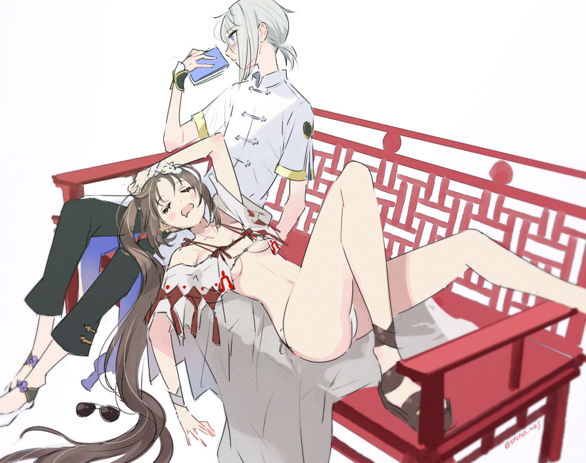 1boy 1girl bench bikini blue_eyes book breasts brown_hair closed_eyes commentary_request consort_yu_(fate) drooling eyewear_removed fate/grand_order fate_(series) gao_changgong_(fate) long_hair medium_breasts nishimura_eri silver_hair sleeping sunglasses swimsuit twintails twitter_username very_long_hair white_background yu_miaoyi_(swimsuit_lancer)