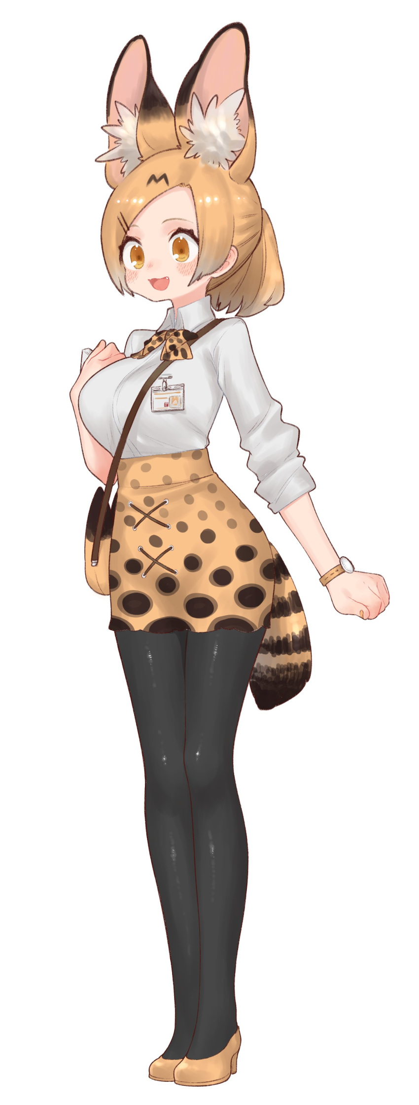 1girl absurdres adapted_costume alternate_hairstyle animal_ear_fluff animal_ears bag black_legwear blonde_hair blush bow bowtie collared_shirt commentary_request extra_ears eyebrows_visible_through_hair fang hair_ornament hairclip handbag high_heels highres kemono_friends name_tag notora office_lady open_mouth pantyhose pencil_skirt ponytail print_neckwear print_skirt serval_(kemono_friends) serval_ears serval_girl serval_print serval_tail shirt short_hair short_sleeves skirt sleeves_rolled_up solo tail watch white_shirt yellow_eyes yellow_footwear