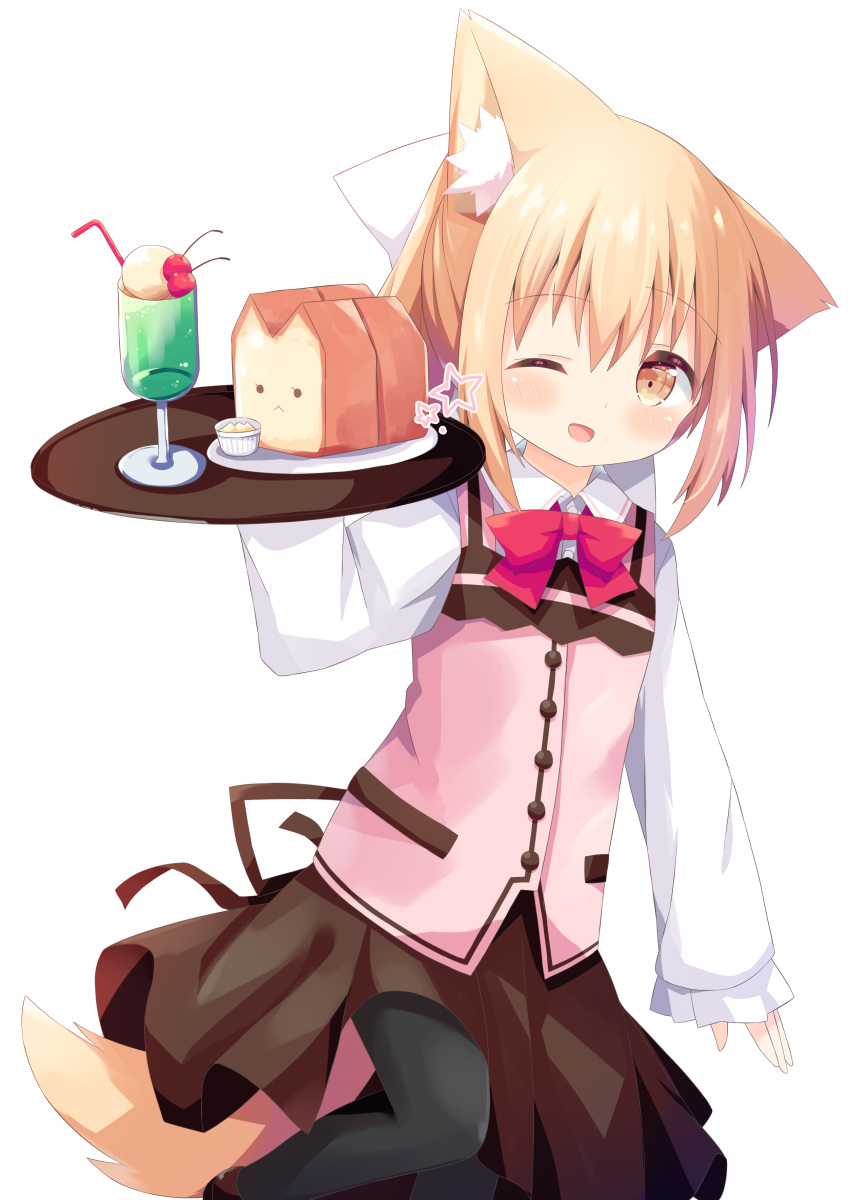 1girl ;d absurdres animal_ear_fluff animal_ears apron bangs bendy_straw black_legwear blush bow bread brown_eyes brown_skirt cherry collared_shirt commentary_request cosplay dress_shirt drinking_straw eyebrows_visible_through_hair food fruit gochuumon_wa_usagi_desu_ka? hair_between_eyes hair_bow highres holding holding_tray hoto_cocoa hoto_cocoa_(cosplay) ice_cream ice_cream_float light_brown_hair long_sleeves looking_at_viewer miike-chan nakkar one_eye_closed open_mouth original pantyhose pink_vest plate pleated_skirt rabbit_house_uniform red_bow shirt simple_background skirt sleeves_past_wrists smile solo standing standing_on_one_leg star_(symbol) tail tray uniform vest waist_apron white_background white_bow white_shirt