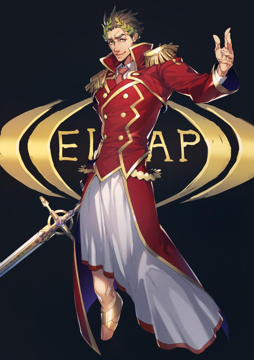 1boy absurdres arm_up bad_leg black_background black_hair closed_mouth coat dress_shirt epaulettes fate/grand_order fate_(series) feet_out_of_frame green_eyes highres holding holding_sword holding_weapon julius_caesar_(fate/grand_order) laurel_crown long_coat long_skirt looking_at_viewer male_focus necktie ogata_tomio open_hand red_coat red_neckwear shirt short_hair skirt smile solo standing sword weapon white_shirt