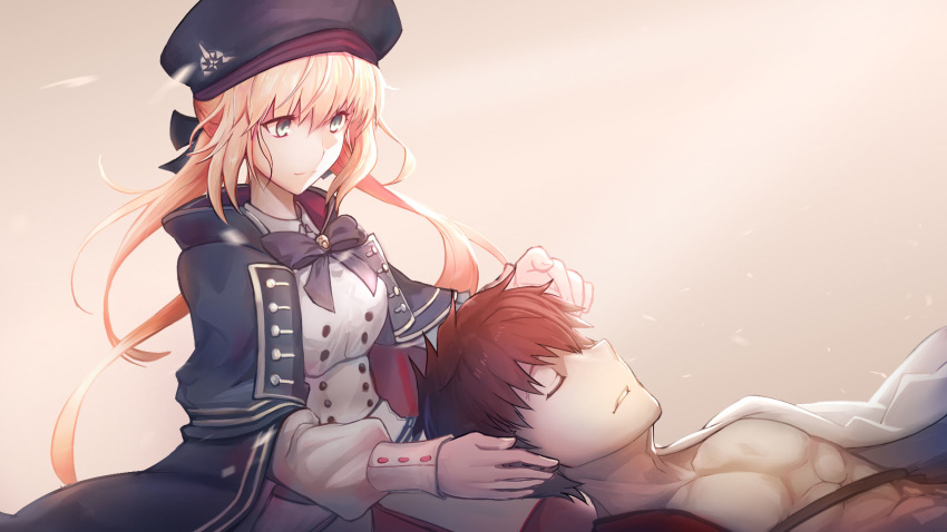 1boy 1girl artoria_pendragon_(all) artoria_pendragon_(caster) bare_chest beige_background beret black_bow black_cape blonde_hair blue_headwear bow bowtie brown_hair cape closed_eyes closed_mouth emiya_shirou fate/grand_order fate_(series) green_eyes hair_bow hat highres long_hair looking_at_another mark_teo sengo_muramasa_(fate) smile