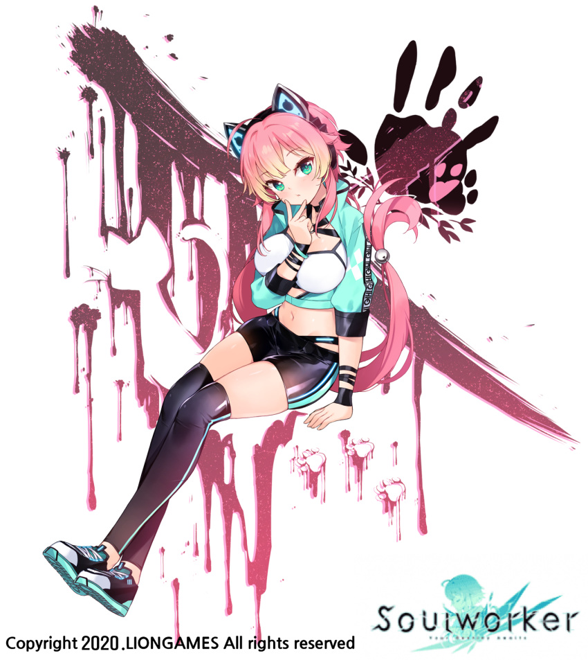 1girl ahoge aqua_jacket arm_support axent_wear black_choker black_legwear black_shorts breasts cat_ear_headphones chii_aruel choker crop_top cropped_jacket full_body gradient_hair green_eyes hair_ornament hand_up head_tilt headphones highleg highres invisible_chair jacket large_breasts latex latex_legwear latex_shorts long_hair long_sleeves looking_at_viewer midriff multicolored_hair navel official_art open_clothes open_jacket pink_hair shirt shoes short_shorts shorts sitting skin_tight sneakers solo soul_worker stomach strap takotsu thigh-highs thighs undershirt v very_long_hair white_shirt wristband