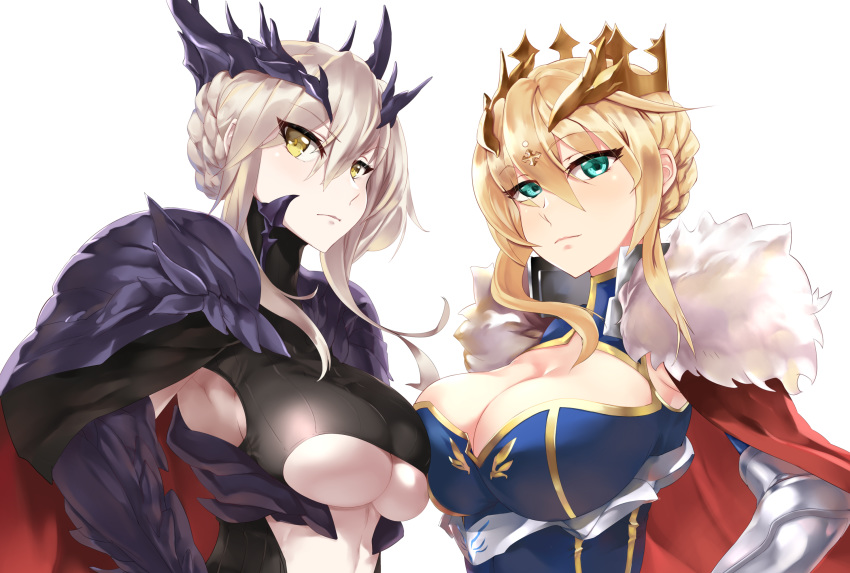 2girls artoria_pendragon_(all) artoria_pendragon_(lancer) artoria_pendragon_(lancer_alter) bangs blonde_hair blue_leotard braid breasts cape crown fate/grand_order fate_(series) french_braid fur-trimmed_cape fur_trim green_eyes hair_between_eyes highres koufu_(seratin) large_breasts leotard multiple_girls red_cape revealing_clothes sidelocks simple_background swept_bangs under_boob upper_body white_background yellow_eyes