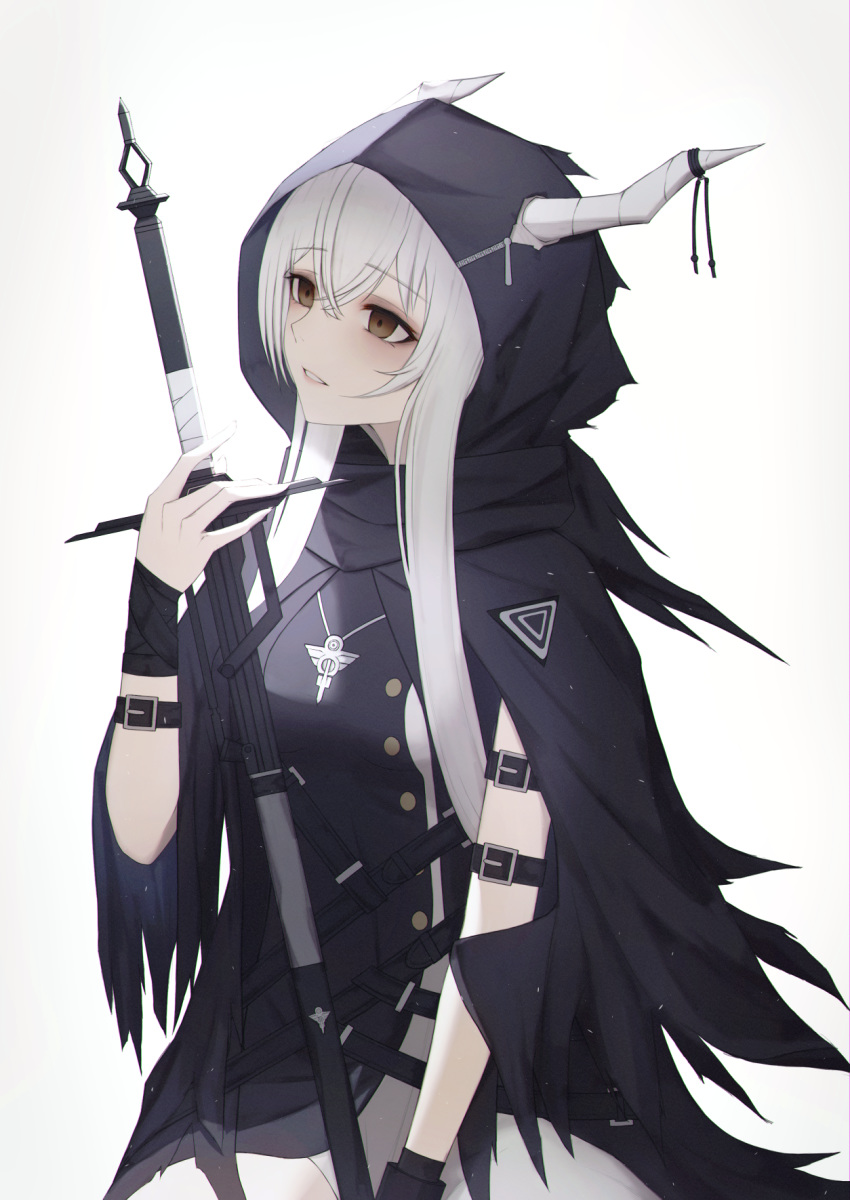 1girl arknights arm_strap bangs black_cloak black_dress brown_eyes cloak commentary dress eyebrows_visible_through_hair grey_background hair_between_eyes highres holding holding_staff hood hooded_cloak horns long_hair parted_lips shining_(arknights) silver_hair simple_background solo staff thomas_8000 upper_body wristband